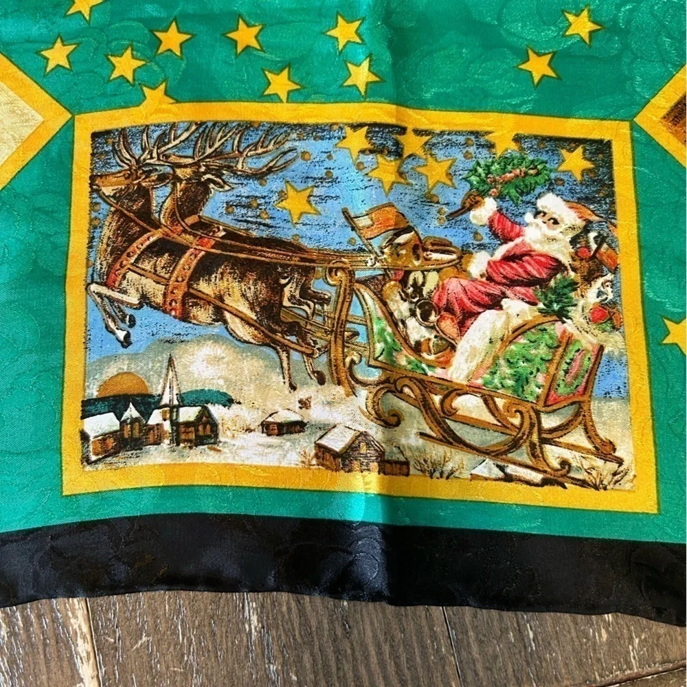Vintage Old World Santa Christmas Scarf Holidays Bold Colors EUC